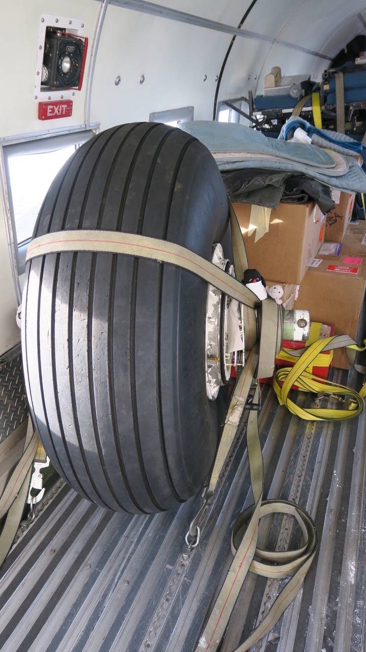 A spare wheel of a Basler aircraft. Two cute plush animals, Pete and Debbie, for size comparison. They were sent down  by Isabelle and Dafne hoping to explore the south pole.