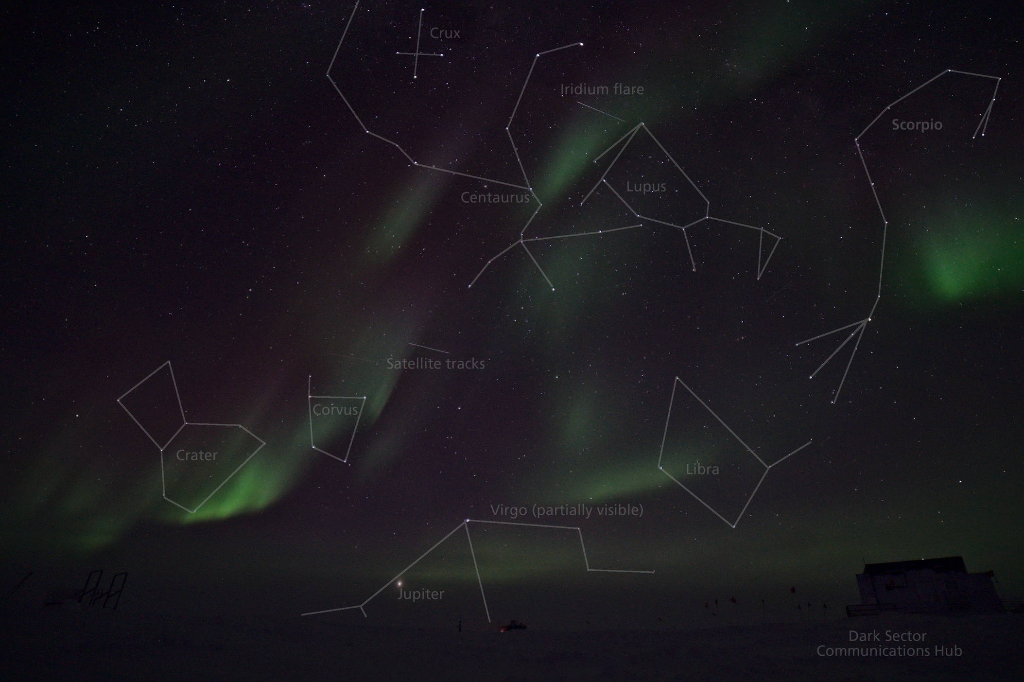 Once again, this time with annotations: This pictures was taken just a few hours after the previous one.  It illustrates nicely how much auroras change, we can literally watch them change from minute to minute. It is really quite marvelous. In the bottom right corner is building 61, the power and communication's distribution hub of the dark sector. The tracks of two satellites can be seen, the upper one is probably a flare from an Iridium satellite that we use for communications. The constellation of Scorpio is visible to the right and the Southern cross with the two pointer stars in Centaurus are visible at the very top of the image.